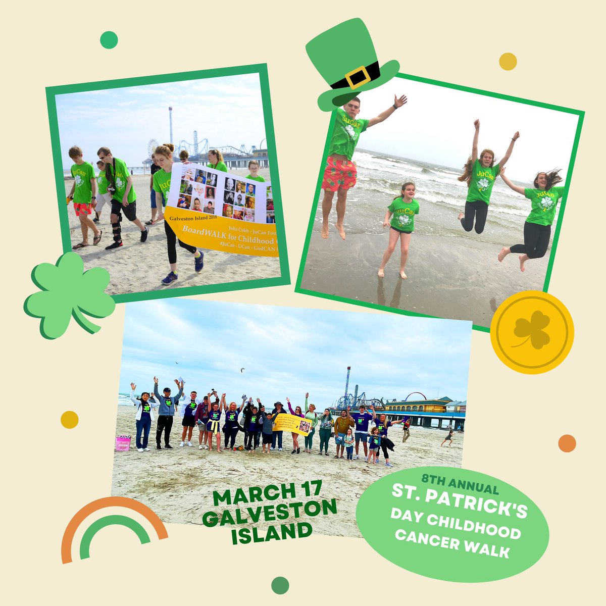8th Annual #JuliaCobb St. Patrick’s Day Walk - Galveston Island for #ChildhoodCancerAwareness and to honor our awesome warriors. More info @ jucanfoundation.org/stpatricksdayw… #JuCan