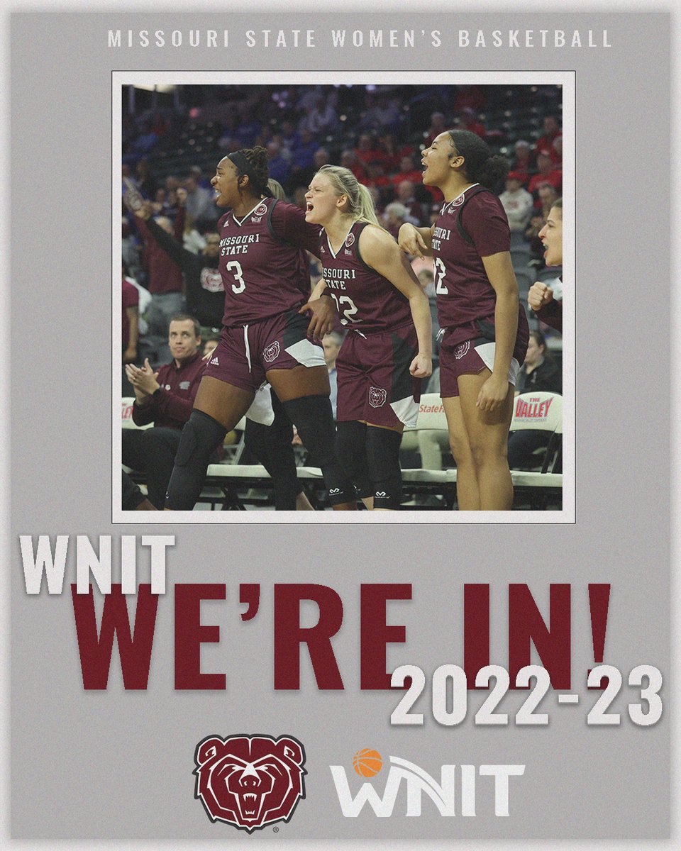 MoStateWBB's tweet photo. We're In ‼️

The Lady Bears will participate in the 2023 WNIT! 

Stay tuned to our social media platforms and the official Missouri State Athletics website for more information as it becomes available. 

#MSULadyBears https://t.co/h1jQZ8zrsH