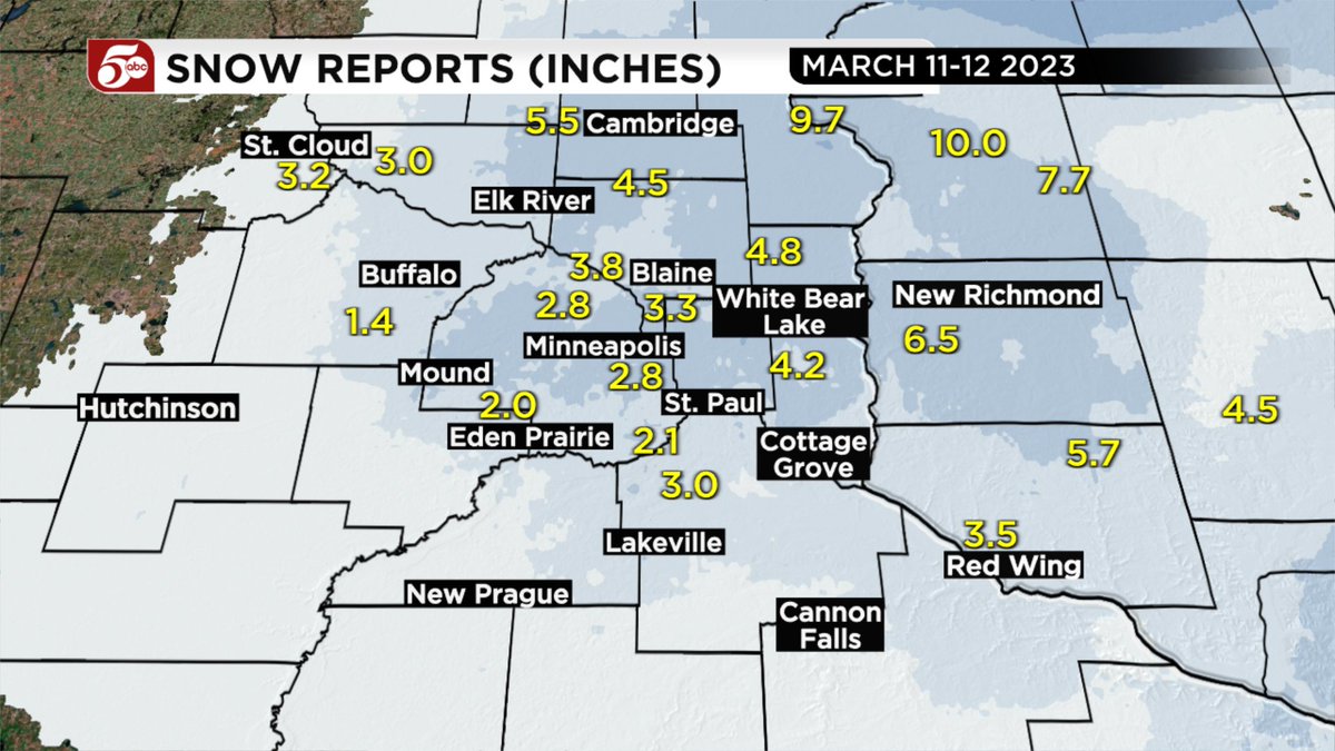 Here are some detailed maps of snow totals around the Twin Cities, and all of Minnesota and northwest Wisconsin.

There's quite a swath of 10-14