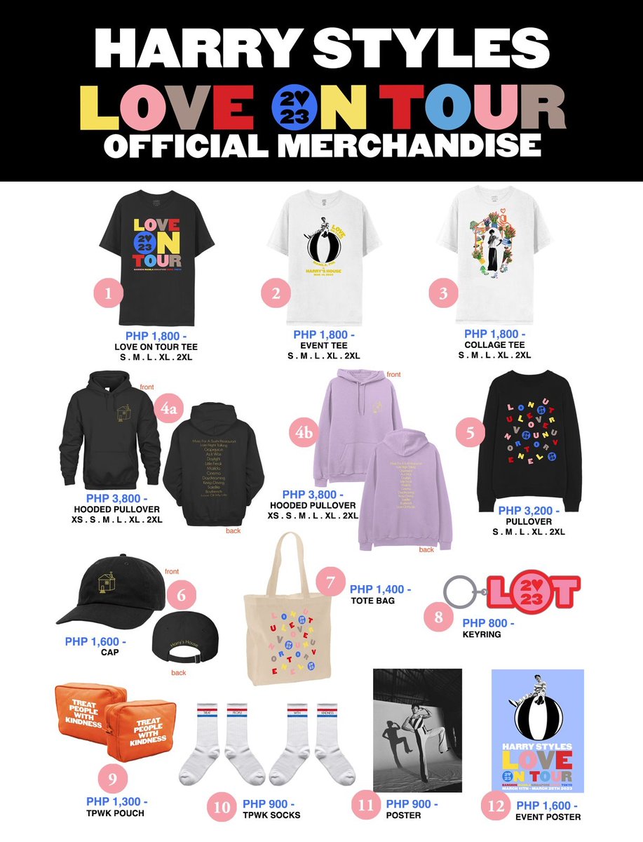 livenationph's tweet image. Merch for Harry Styles: Love on Tour in 🇵🇭 is a must-have  ✅ Check out the list of items available for purchase at the venue and merch booth locations.

Limited quantities available. 

#LoveOnTourPH
#HarryStylesInPH