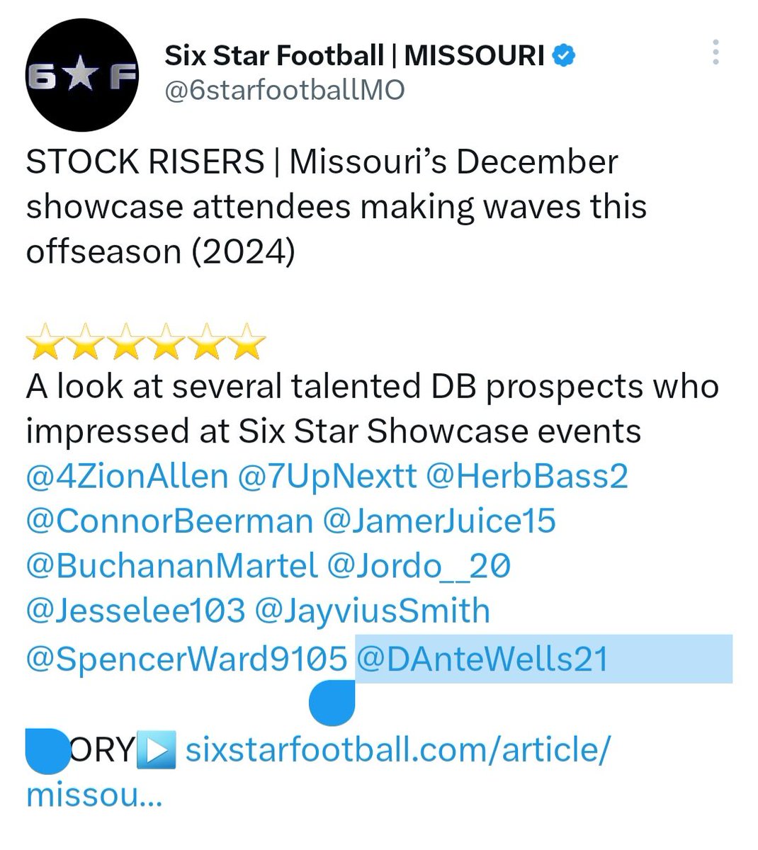 DAnteWells21's tweet photo. Truly thankful and honored @6starfootballMO for the feature! Still workin!🙏
@PHSPantherFB @ZC_Cunningham @DGray06Jr @_CoachTWilson @CoachMalone816 @GrindHardKC @PrepRedzoneMO @STFFAKC @T_Verd_ @GdubCoach https://t.co/Jp4TS26UKy