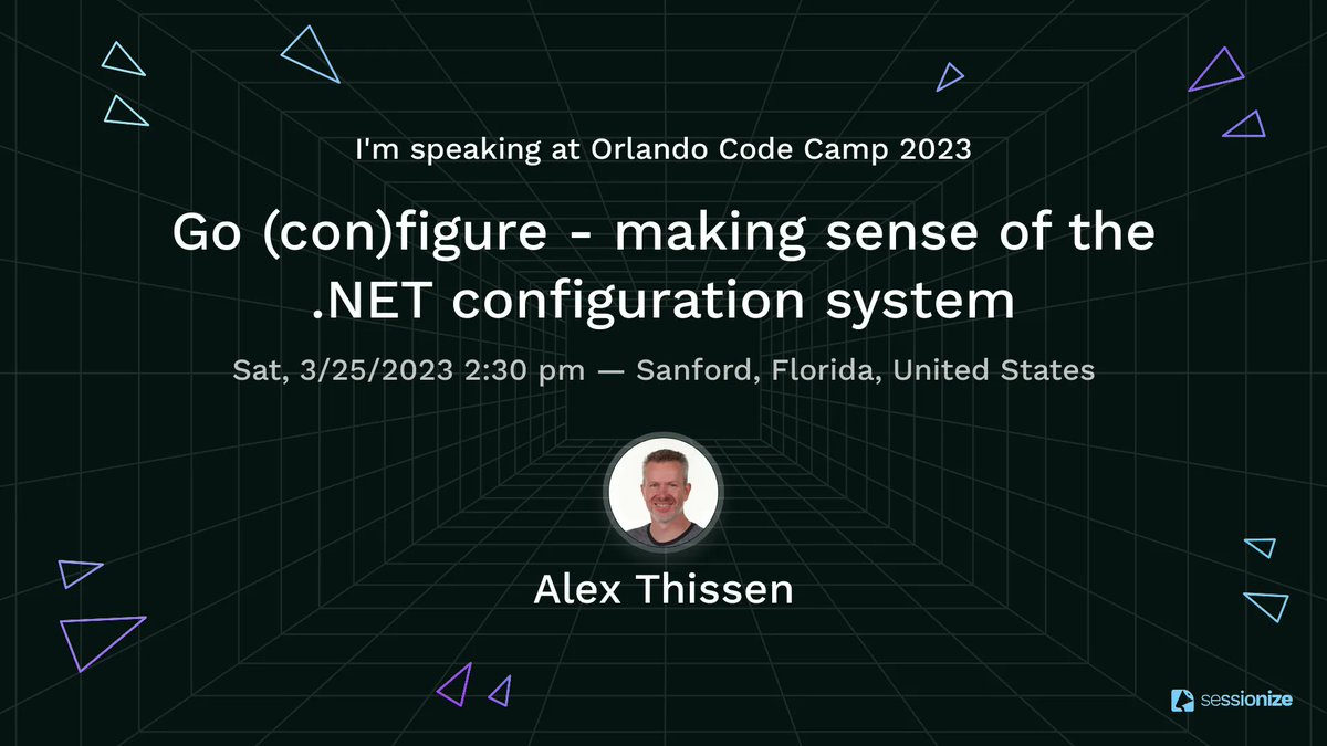 Orlando .NET User Group (ONETUG)๐ด (@onetug) on Twitter photo Come see Alex Thissen's presentaton "Go (con)figure - making sense of the .NET configuration system" at #OrlandoCodecamp on March 25th: buff.ly/3T5z1mS
<a href="/alexthissen/">Alex Thissen</a> Come see Alex Thissen's presentaton "Go (con)figure - making sense of the .NET configuration system" at #OrlandoCodecamp on March 25th: buff.ly/3T5z1mS
<a href="/alexthissen/">Alex Thissen</a>