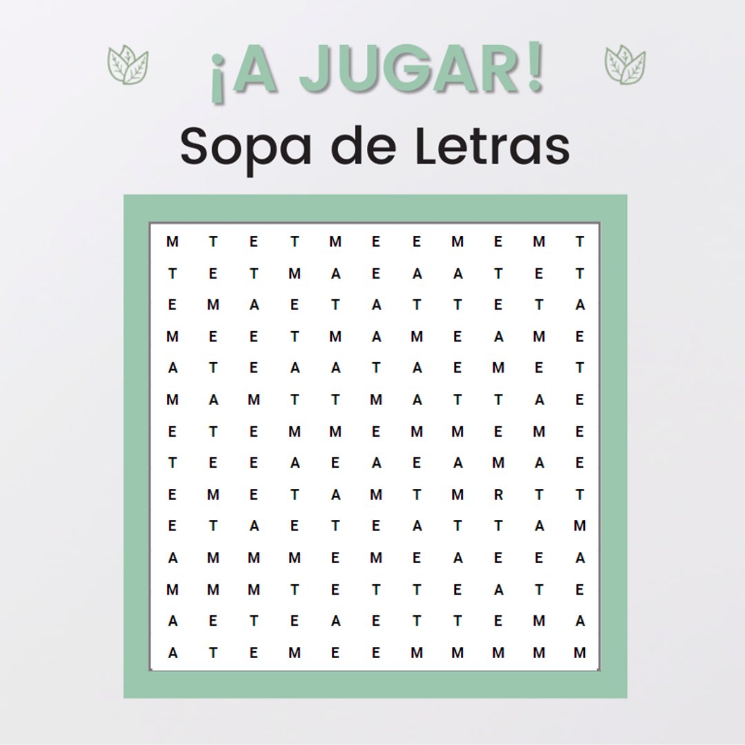 Vida_Terra's tweet photo. ¡A jugar! 

¡Encontrá la letra que NO pertenece a la palabra MATE en esta sopa de letras!
⁣
Si la encontrás, escribí LOGRADO en un comentario👇⁣
⁣
¡Qué tengan una bella semana a puro 🧉 y ❤ ! ⁣

#mate #juegos #domingo #sopadeletras https://t.co/vILmS2z4CV