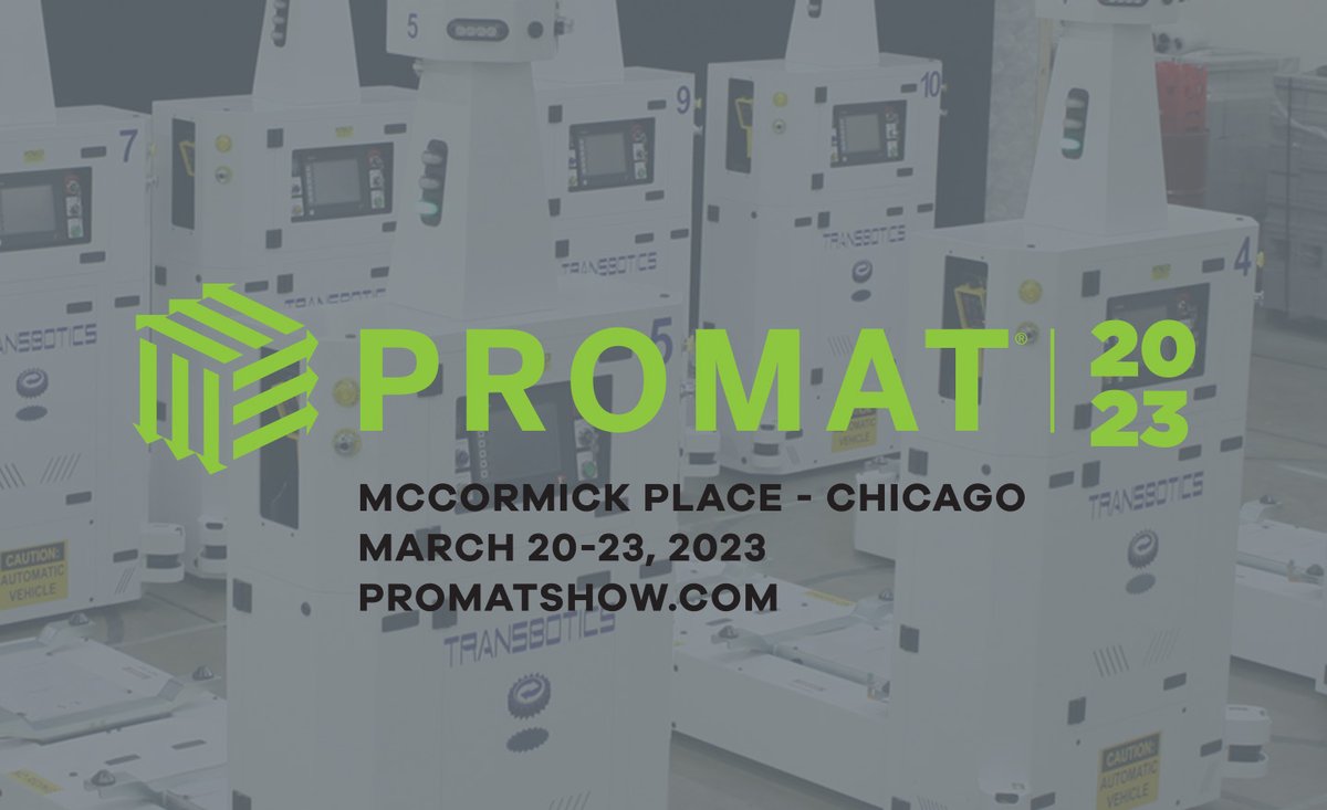 Join us at ProMat 2023, one of the world’s leading manufacturing and supply chain solution expos. We will be exhibiting our range of Transbotics AGV systems!

ProMat runs from 20-23 March in Chicago, IL. 

promatshow.com

#promat2023 #tradeshow #Transbotics