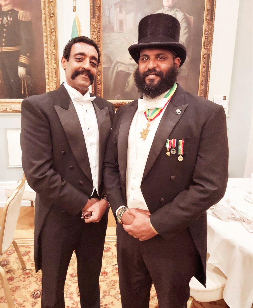 ErcRoyal's tweet image. Lij Asfaw Sahle, descendant of Ras Dargé Sahle Selassie, and Lij Tedla Melaku, descendant of Ras Hailé Wendbewossen, of the Shewa and Gondar-Lasta branches of the Solomonic dynasty. Lij Asfaw was invested with the Order of Solomon&apos;s Seal by the Crown Council of Ethiopia.