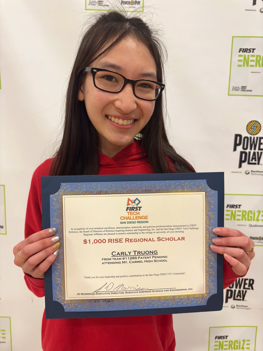 AP_Katie_Salo's tweet photo. Congratulations to Carly, MCHS Senior Class of 2023, who was recognized by @sandiegoftc as a Rise Regional Scholar and was awarded a $1000 scholarship for college today. She was a unanimous nominee by her Sundevil teammates.
#WomenInSTEM
#SundevilWay
#GraciousProfessionalism https://t.co/p2ixrKIiP8