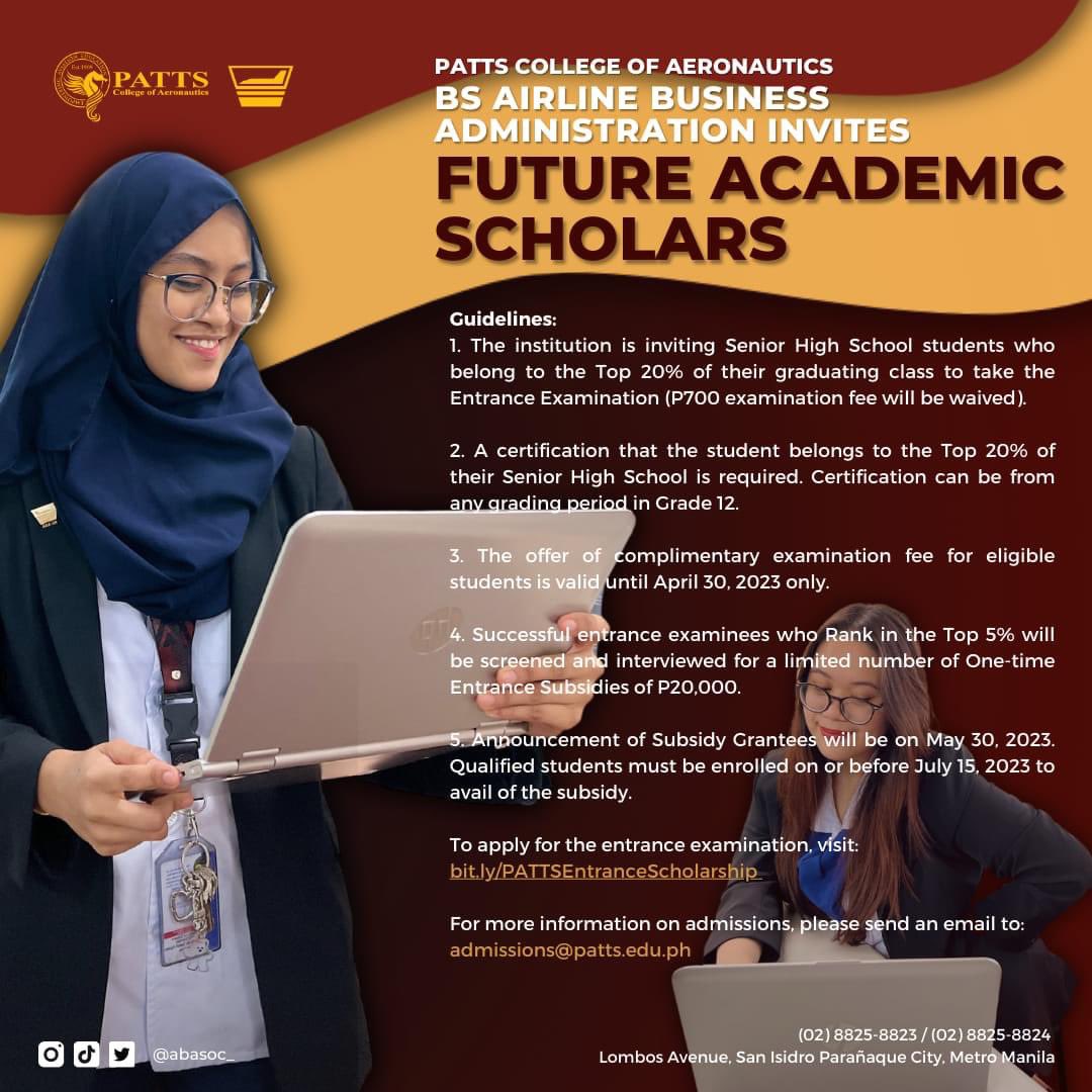 abasoc_'s tweet photo. Application for the 1st semester, AY 2023-2024 is now open!

The BS Airline Business Administration (BS ABA) Program specializes in Marketing and Air Freight Operations aims to develop the academic capabilities of its learners through an enhanced https://t.co/uzr8dV2E1r