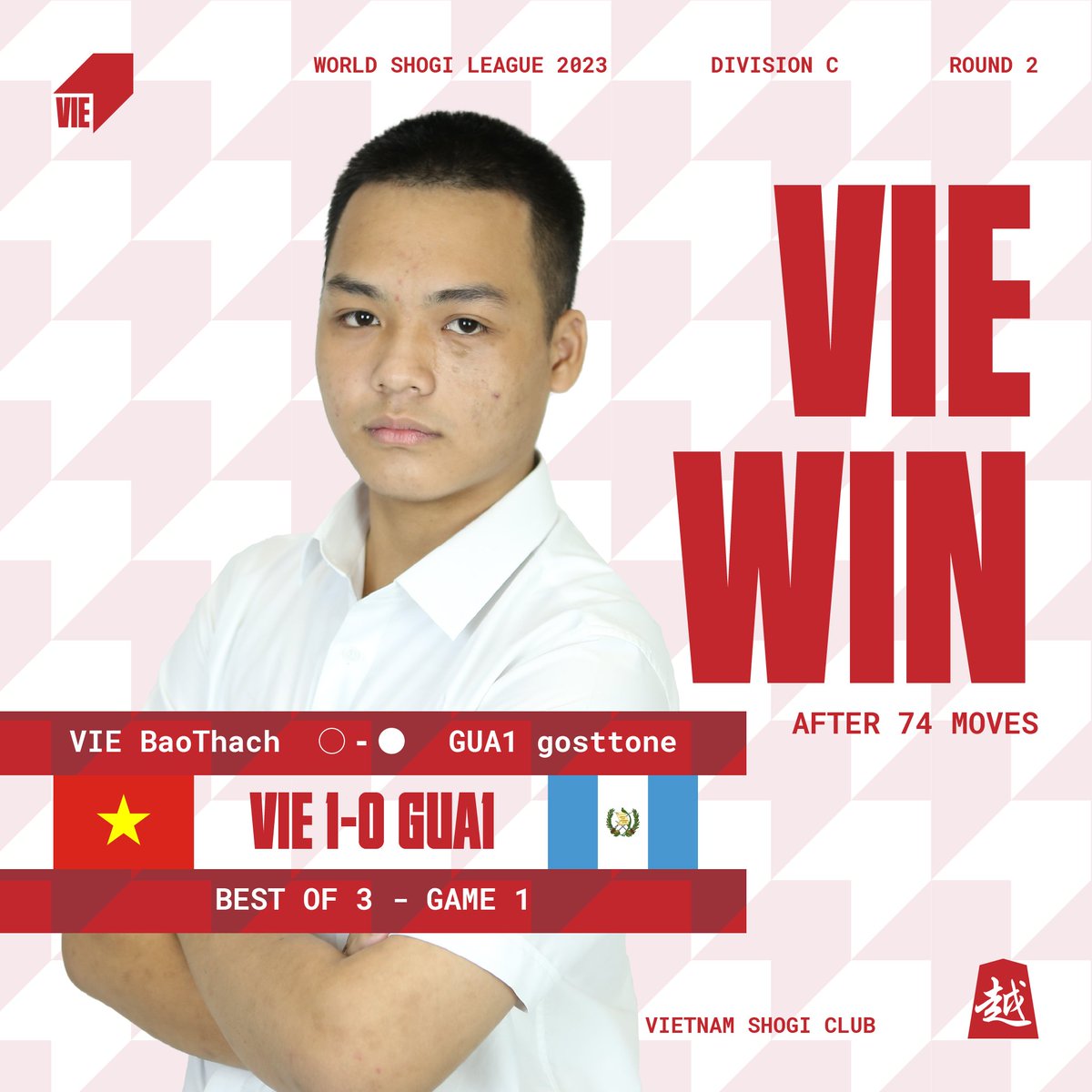 ShogiVietNam's tweet photo. #VIEWIN | #WSL2023 | ROUND 2
VIETNAM 1-0 GUATEMALA 1 | BO3
Game 1 | VIE BaoThach ○-● GUA1 gosttone
GOTE WINS AFTER 74 MOVES
Our president crushes the opponent to start off Round 2🔥
#worldshogileague #shogivietnam #shogi https://t.co/mgT1psdLYg