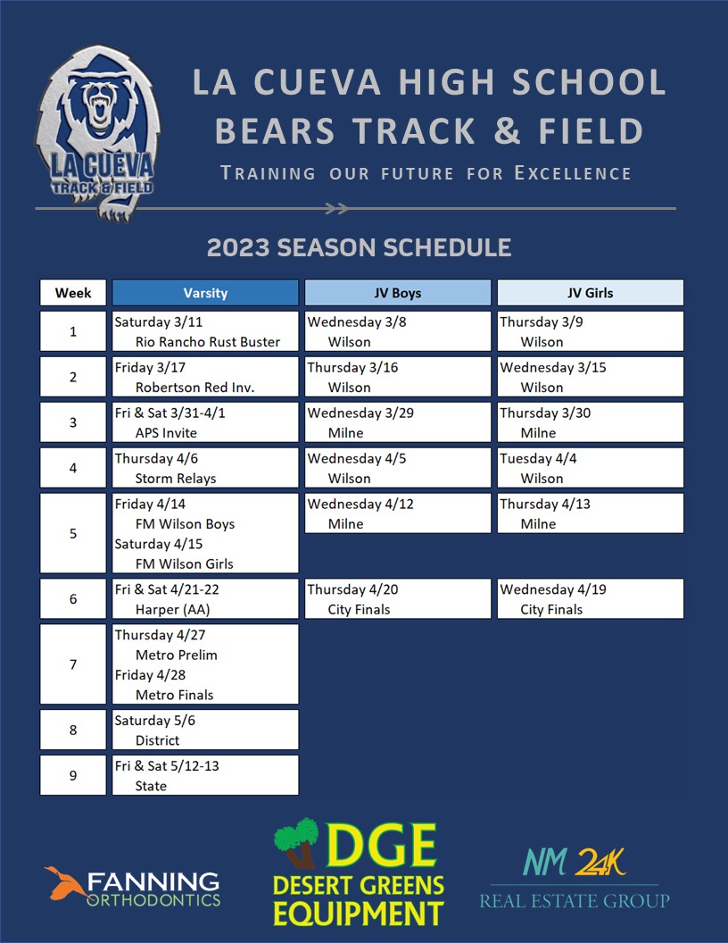 LCHSBearsTrack's tweet photo. The season is set!! @lacuevahigh @PrincipalLCHS @Cueva_Athletics @LCHS_Hubbell @LCHS_GBUTZ @LCHS_Keilbarth @lacuevasenate https://t.co/njeEeTcYYv