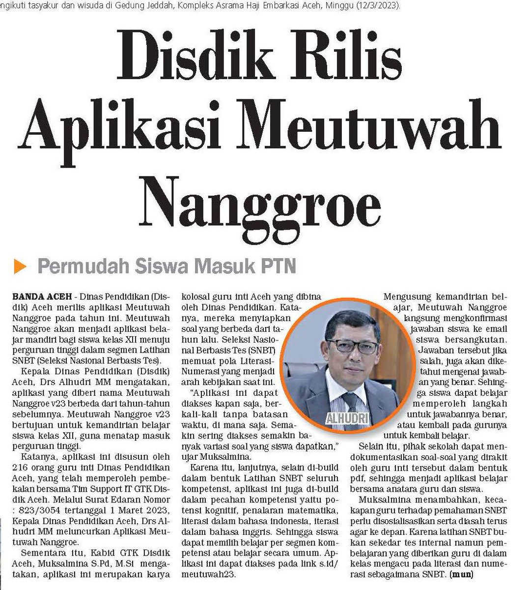 disdikacehprov's tweet photo. Dinas Pendidikan Aceh pada tahun ajaran 2023 kembali merilis aplikasi Meutuwah Nanggroe V 23.
#pemerintahaceh
#humasaceh
#dinaspendidikanaceh
#cabangdinaspendidikan https://t.co/QAYXM7wNmv
