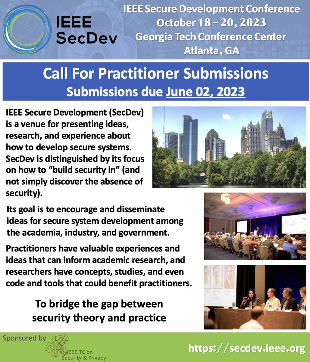 IEEE Secure Development (@ieeesecdev) on Twitter photo In addition to research papers and tutorials, #IEEESecDev 2023 also seeks practitioners’ submissions in security development. <a href="/theladyofgeek/">Leigh Metcalf</a>
For more details, please visit: secdev.ieee.org/2023/practitio…
Practitioners’ Submission deadline: June 2, 2023 In addition to research papers and tutorials, #IEEESecDev 2023 also seeks practitioners’ submissions in security development. <a href="/theladyofgeek/">Leigh Metcalf</a>
For more details, please visit: secdev.ieee.org/2023/practitio…
Practitioners’ Submission deadline: June 2, 2023