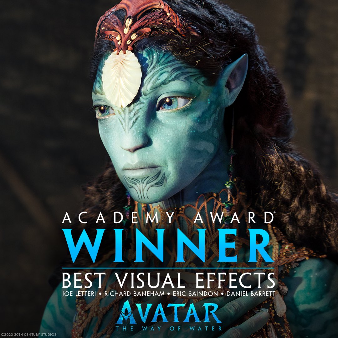 20thcentury's tweet photo. Congratulations to Joe Letteri, Richard Baneham, Eric Saindon and Daniel Barrett for their Academy Award win for Best Visual Effects for #AvatarTheWayofWater! #Oscars95 https://t.co/L57bdF9jsN