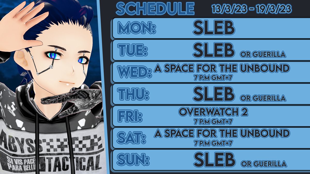 7810Aoki's tweet photo. Schedule minggu ini UP!
Hashtags:
【General】: #Aoki_Nacht
【LIVE】 : #Night_Live
【Fan Name】: #Aokids ⚙
【Fanart】: #Nacht_Art
【MEME】: #Imbluebadabee
【Announcement】: #Synthfo
#Night_Live #Synthfo #VtuberID #Vtuber #VtuberUprisings https://t.co/3UbXCdpWzn