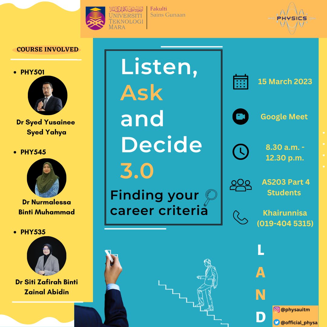 Official_PhySA's tweet photo. Assalamualaikum WBT
Salam Sejahtera
Salam UiTM Dihatiku ❤
Salam FSG Padu 💪

[LISTEN, ASK AND DECIDE (LAND) 3.0 : MENCARI KRITERIA KERJAYA]

Physics Students Association (PHYSA) akan menganjurkan program Listen, Ask and Decide (LAND) 3.0 pada 15 Mac 2023. https://t.co/gvgEXUTCLJ
