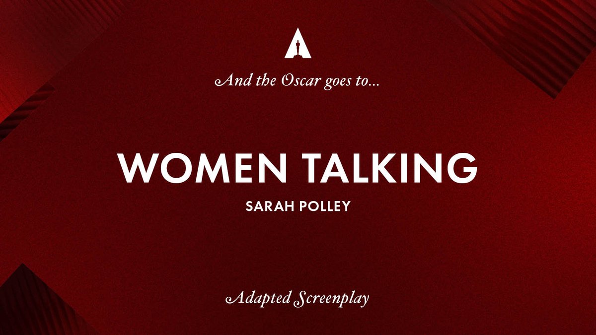 'Women Talking' claims the Oscar for Best Adapted Screenplay. Congratulations, Sarah Polley! #Oscars #Oscars95