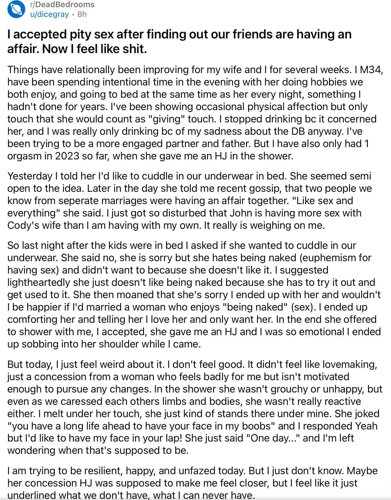 Ken Paris on X: This guy has many posts to rDeadBedrooms. Read them, you  unmarried guys, & see what you're missing! #Marriage #MarriedLife  #BeatenDogs #Relationships t.co7pDEuGWLnl  X