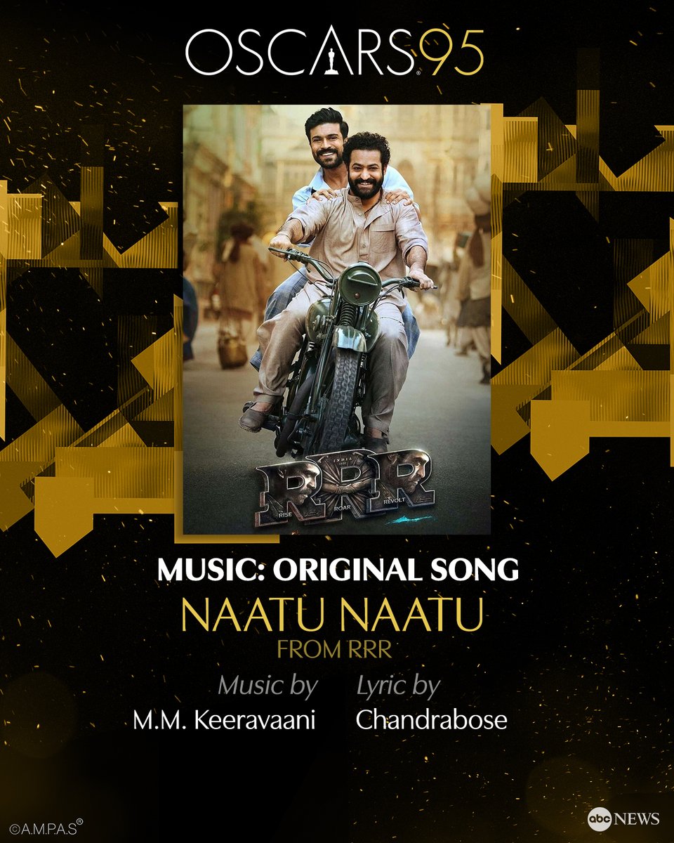 ABC's tweet photo. JUST IN: @TheAcademy Award for Best Music for Original Song goes to “Naatu Naatu” from @RRRMovie. #Oscars95 #Oscars

Find the full list of winners here: https://t.co/qb51ZG9DLH https://t.co/VPOkGOZKxt