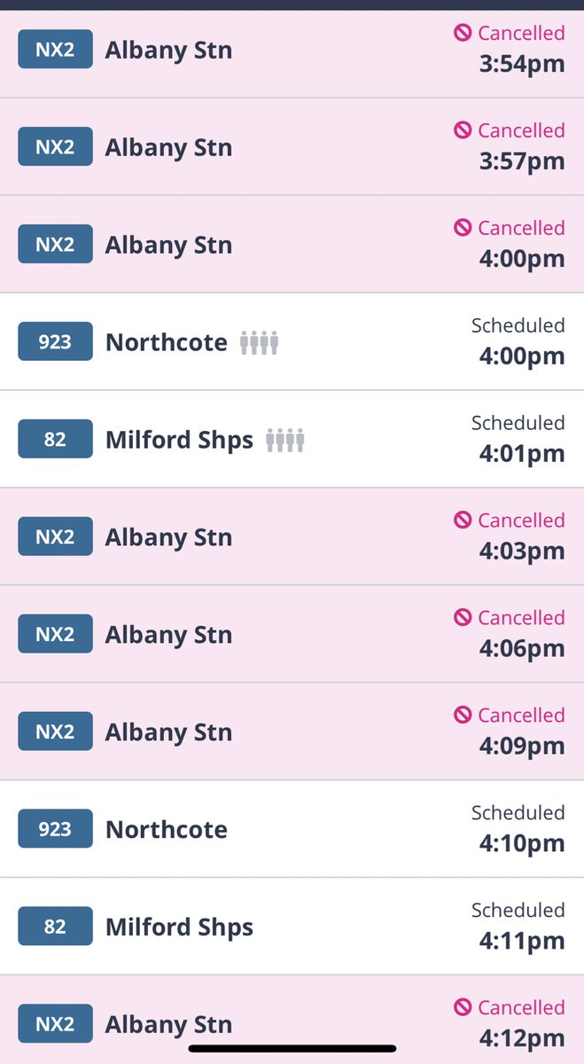 This morning six full buses went past before I could squeeze onto one. Now trying to go home and the next NINE NX2 services from the central city are cancelled. I love the half-price fares, but it’s getting very hard to actually use the bus <a href="/AklTransport/">Auckland Transport</a> 😢