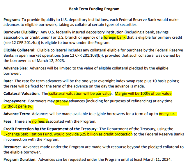 CaitlinLong_'s tweet photo. HOLY COW--you weren't kidding. LOTS of interesting details in the term sheet that weren't publicly disclosed in the press release:  foreign banks are eligible, all collateral valued at par, zero haircuts, no fees, no prepayment penalty, $25bn Exchange Stabilization Fund backstop https://t.co/x6TT3jZKZk