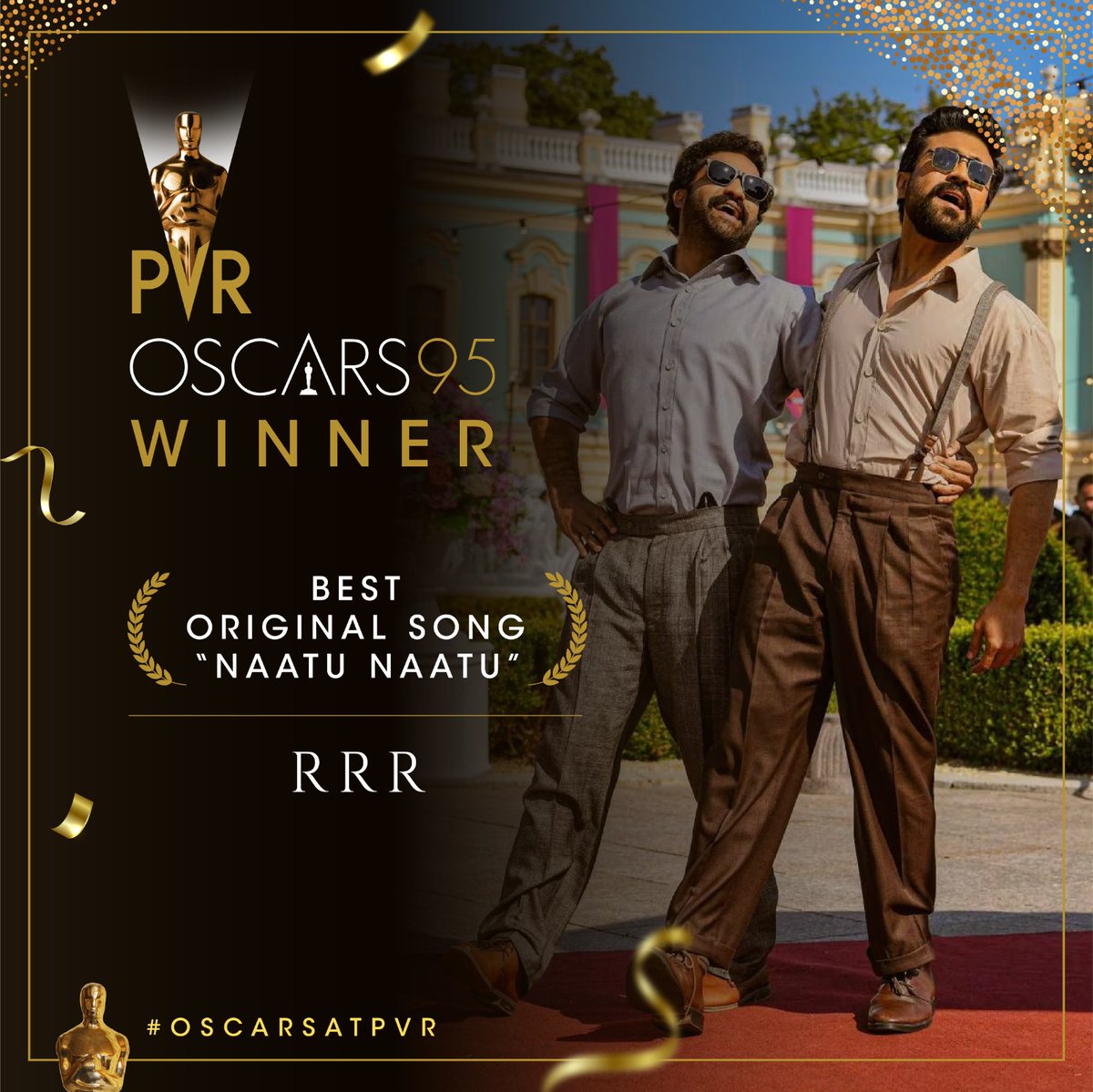 _PVRCinemas's tweet photo. It's official now! #NaatuNaatu from #RRR has won the Academy Award for #BestOriginalSong at #Oscars95! With this win, RRR creates history by becoming the first Indian movie to bag an Oscar award! 

Heartiest congratulations to M. M. Keeravani, SS Rajamouli, and the RRR Team. https://t.co/1jSQihj1xJ