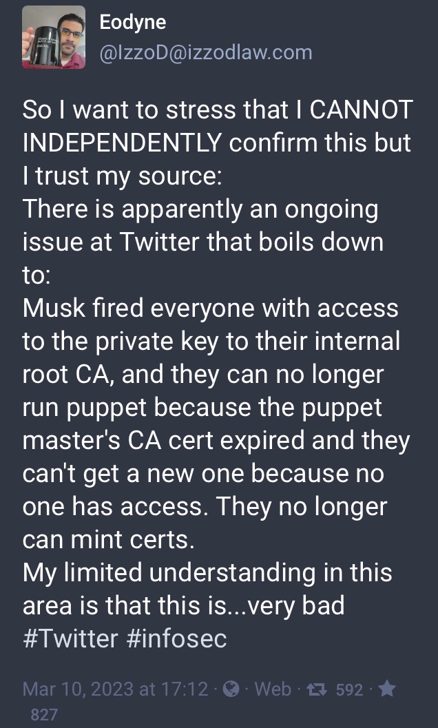 This assumes we use certs for security.

As Twitter's Global CISO, I can confirm we do not use certs of any kind anywhere at Twitter.

Always remember: you don't have to renew the certs you don't use.