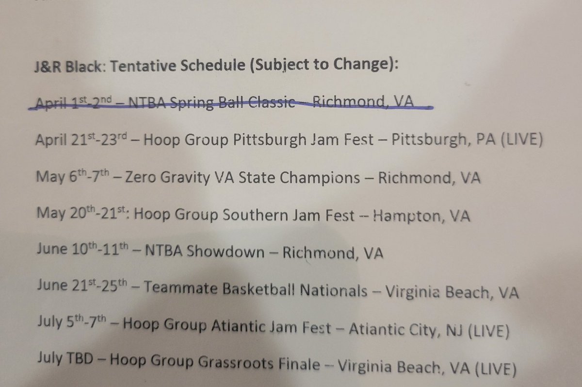 Here is my schedule for this aau season
