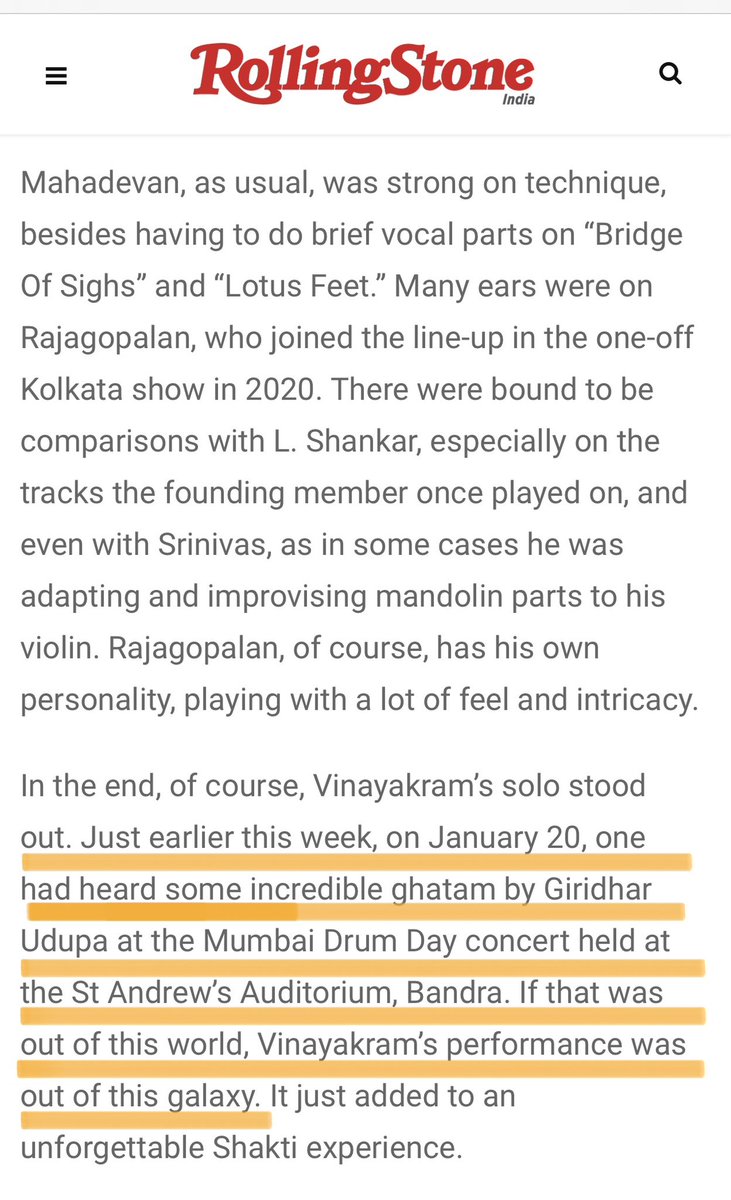 Ghatam GiridharUdupa (@ghatamudupa) on Twitter photo An out of the world feeling when the popular music magazine “Rolling Stone” covers my performance at Mumbai Drum Day, when the article is all about one and only “Shakti”.
Here is the full article : rollingstoneindia.com/review-mumbai-…
<a href="/RollingStoneIN/">Rolling Stone India</a>
#Ghatam #GhatamUdupa An out of the world feeling when the popular music magazine “Rolling Stone” covers my performance at Mumbai Drum Day, when the article is all about one and only “Shakti”.
Here is the full article : rollingstoneindia.com/review-mumbai-…
<a href="/RollingStoneIN/">Rolling Stone India</a>
#Ghatam #GhatamUdupa