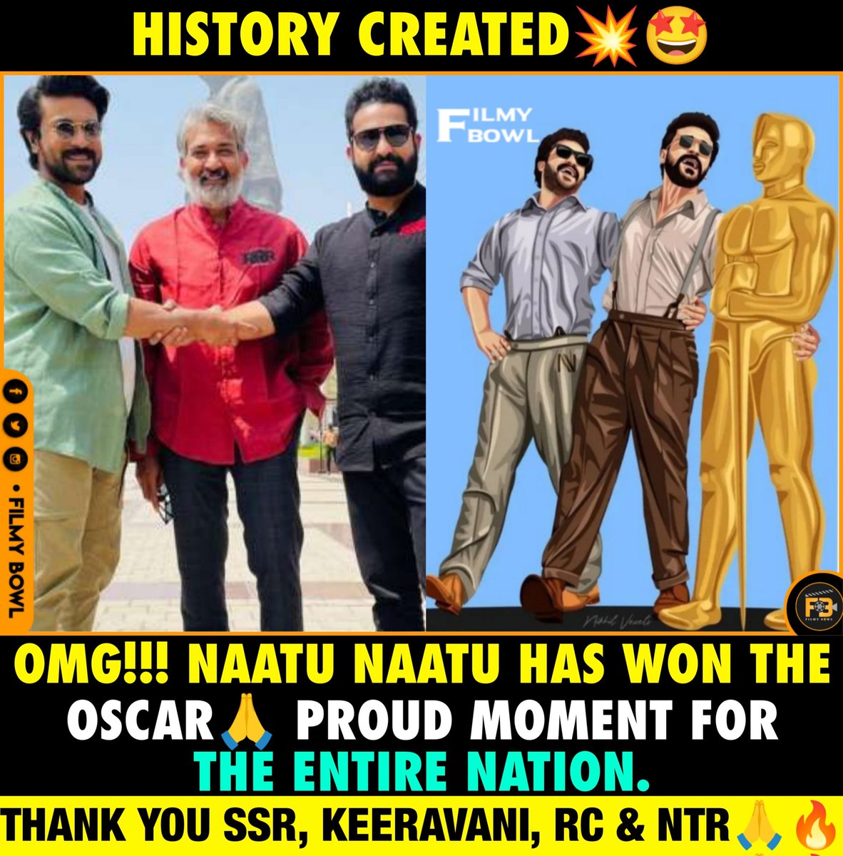 FilmyBowl's tweet photo. Proud proud &amp; proud 🥺❤️🤩🙏 #NaatuNaatu wins the Academy Awards🔥

#RRR #SSRajamouli #RamCharan #Ntr #MMKeeravani #FilmyBowl @SatishKTweets https://t.co/dT9CpqszpA