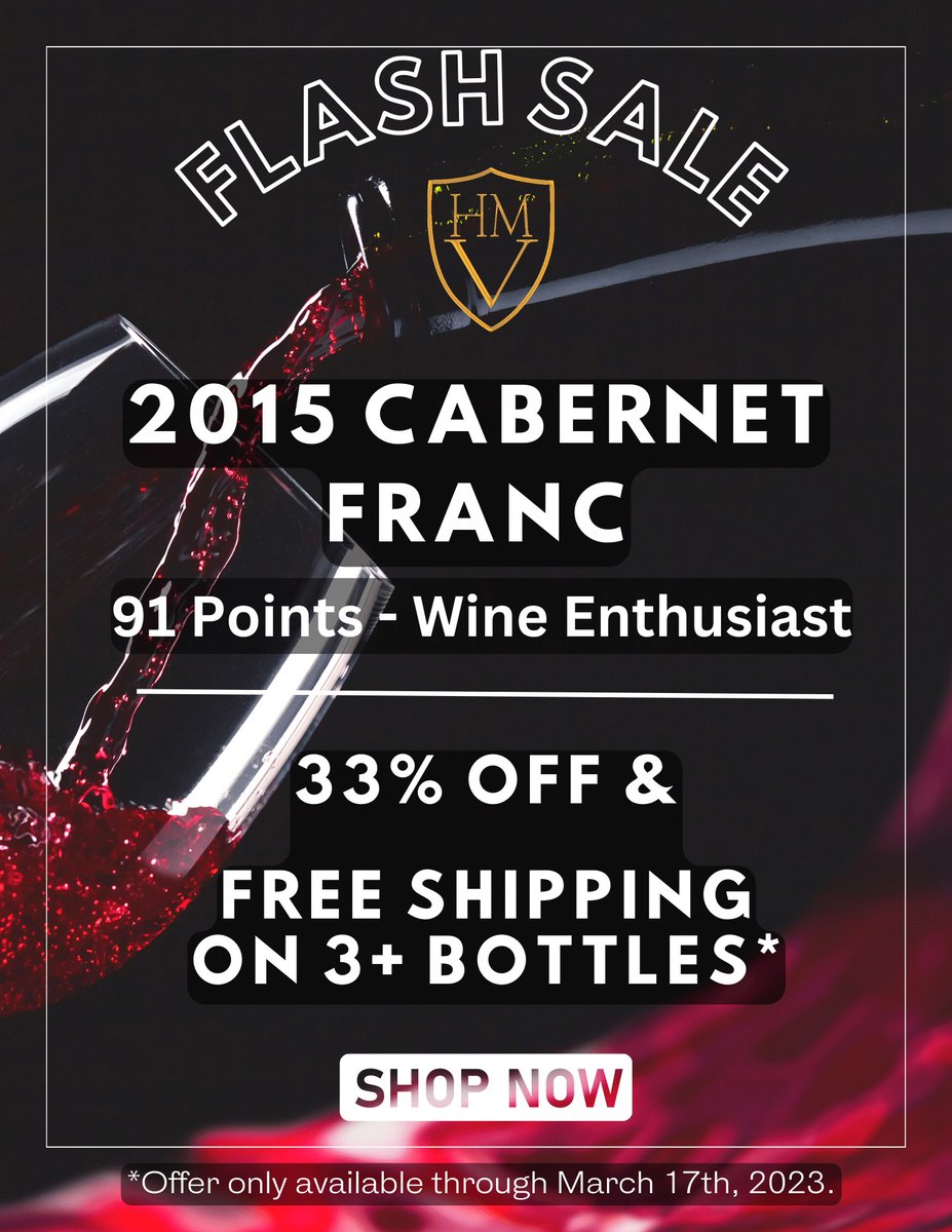 FLASH SALE - 3 Bottles of 2015 Cabernet Franc - 33% OFF + FREE Shipping
Was $435.00 - Now only $290.01

A limited number of bottles are available, and offer ends 3/17/23 so ORDER TODAY!

howellmountainvineyards.com/flash-sale