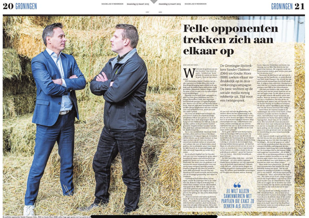 Inwoners Groningen kiezen aanstaande woensdag oa. klimaatdoelen, stikstofaanpak, gaswinning. <a href="/D66PSGroningen/">D66 Provincie Groningen</a> staat voor zekerheid dat gaswinning stopt, natuur herstelt en klimaatwet wordt uitgevoerd. Duidelijkheid! Vandaag in het <a href="/dvhn_nl/">Dagblad van het Noorden</a> (Erik van der Veen - foto Duncan Wijting)
