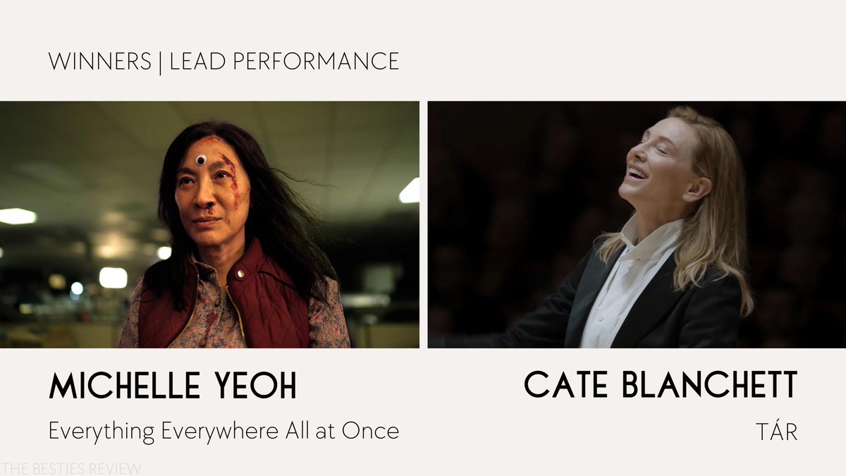 DavidDMerkle's tweet image. You actually thought we were gonna choose? The Bestie Award for Best Lead Performance goes to...

Michelle Yeoh for Everything Everywhere All at Once and Cate Blanchett for TÁR! #BestieAwards #BestLeadPerformance