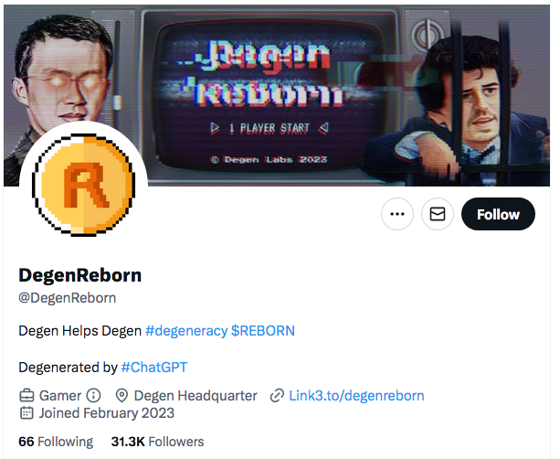 重点向大家推荐一个Gamefi的黑马项目，它由「P12」孵化，上周看它粉丝还才5000多，现在已经到31000了，涨粉速度很快，现在很多KOL也在发WL，大家有兴趣一定要抓紧领WL，经内部消息说马上就要开始mint了

<a href="/DegenReborn/">DegenReborn</a>