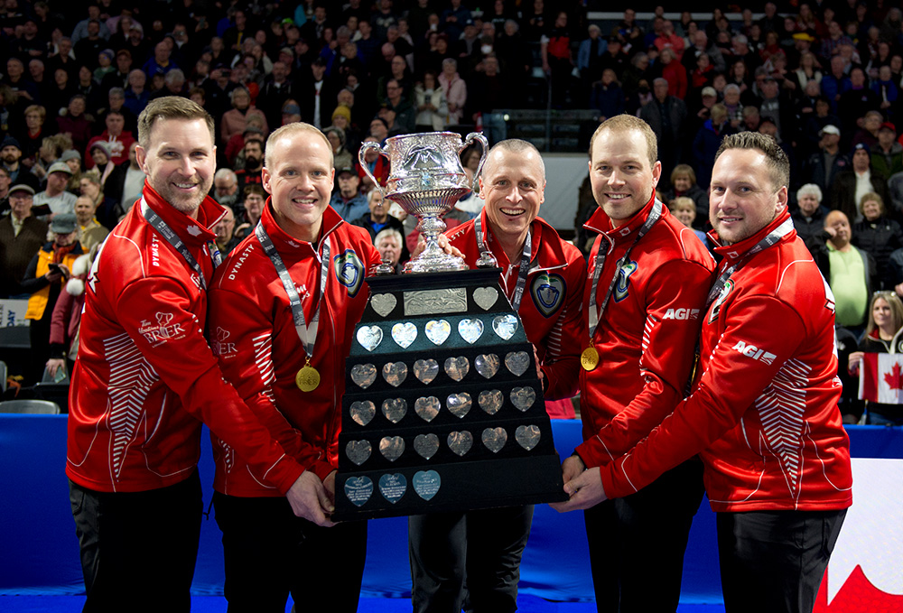 CurlingCanada's tweet photo. Kings of the Tim Hortons Brier! @BradGushue &amp; @TeamGushue make history with a fifth championship win at #Brier2023

Read more ➡️ https://t.co/zrGKDWIz9T https://t.co/kCynBgZ9bP