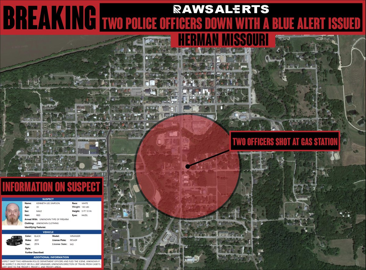rawsalerts's tweet photo. 🚨#BREAKING: Two officers down at a gas station triggering a blue alert 
 📌#Herman | #Missouri

Multiple law enforcement agencies are currently on the scene at a gas station where two police officers have possibly been injured or killed, triggering a blue alert, indicating that law enforcement officers have been killed or seriously injured in the line of duty. Authorities are actively searching for Kenneth Lee Simpson, a 35-year-old male who is suspected of shooting the officers while driving a 2014 black Jeep.