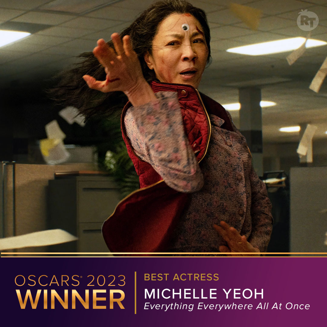 RottenTomatoes's tweet photo. Congratulations to #EverythingEverywhereAllatOnce’s Michelle Yeoh for winning Best Actress at the #Oscars: https://t.co/bznAYTQbgk https://t.co/toUz6tRf42