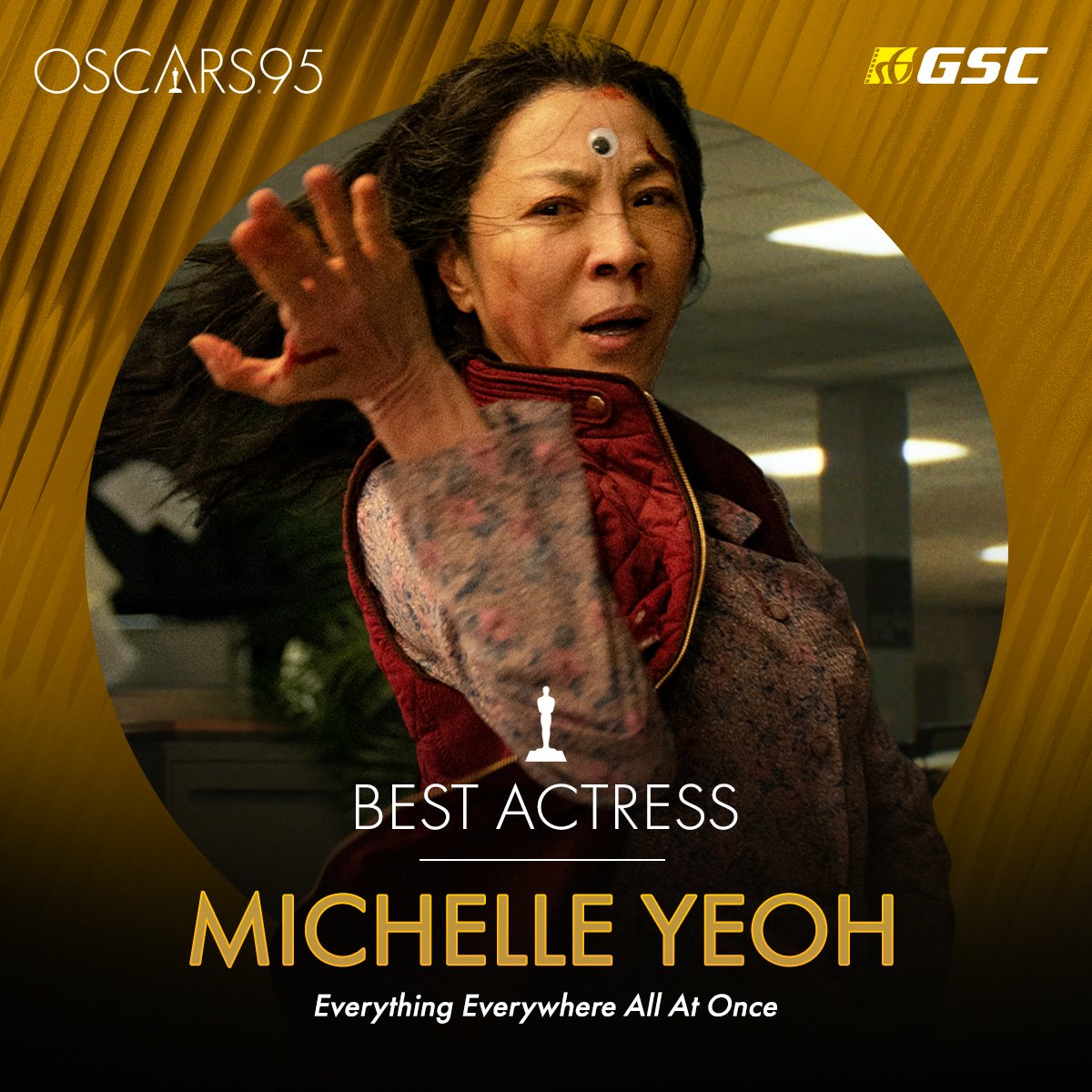 GSCinemas's tweet photo. YASSS It's official! Congratulations Tan Sri Michelle Yeoh for winning the BEST ACTRESS at the #Oscars95, for her performance in #EverythingEverywhereAllAtOnce! 🌀 https://t.co/5LJ7Rk9UAQ