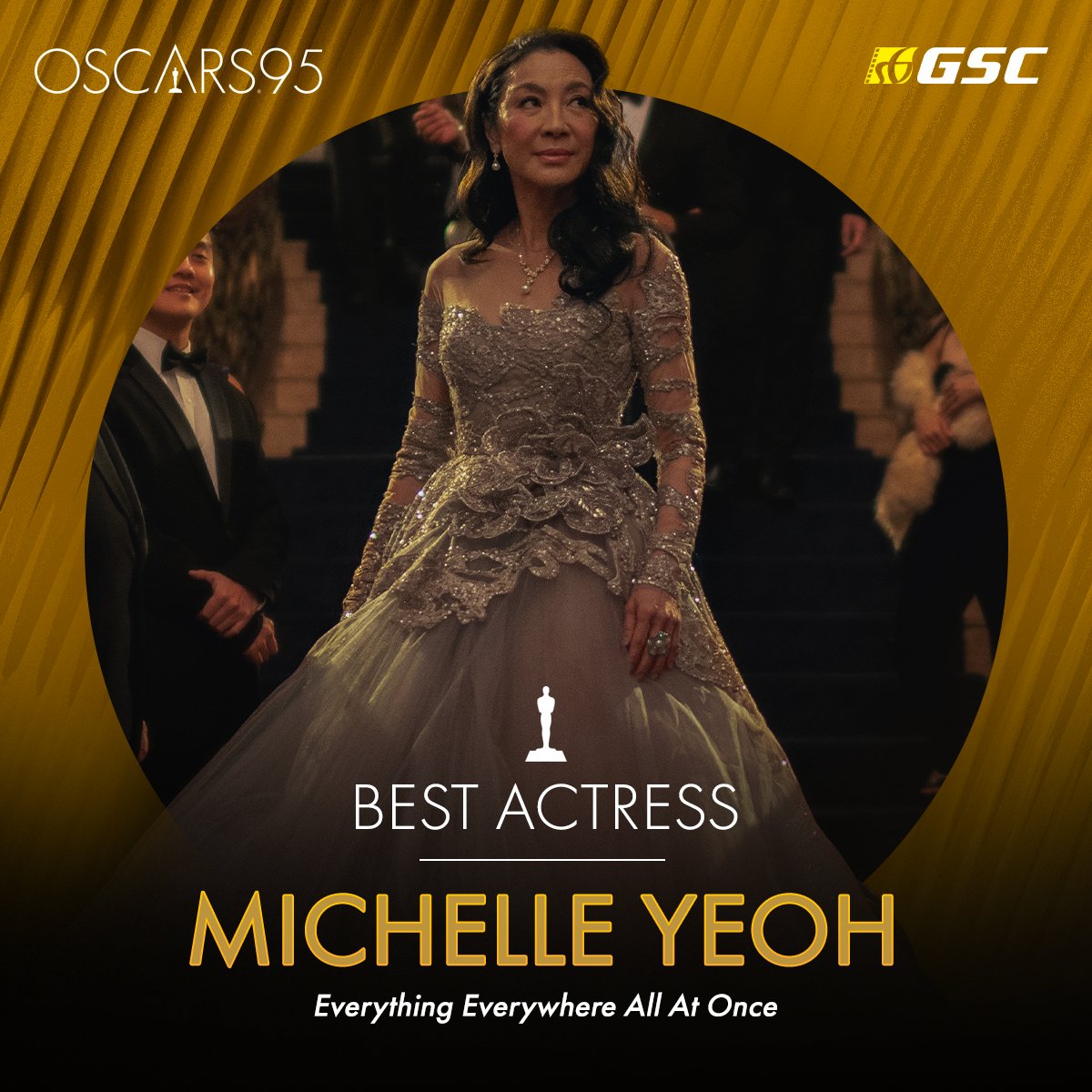 GSCinemas's tweet photo. YASSS It's official! Congratulations Tan Sri Michelle Yeoh for winning the BEST ACTRESS at the #Oscars95, for her performance in #EverythingEverywhereAllAtOnce! 🌀 https://t.co/5LJ7Rk9UAQ