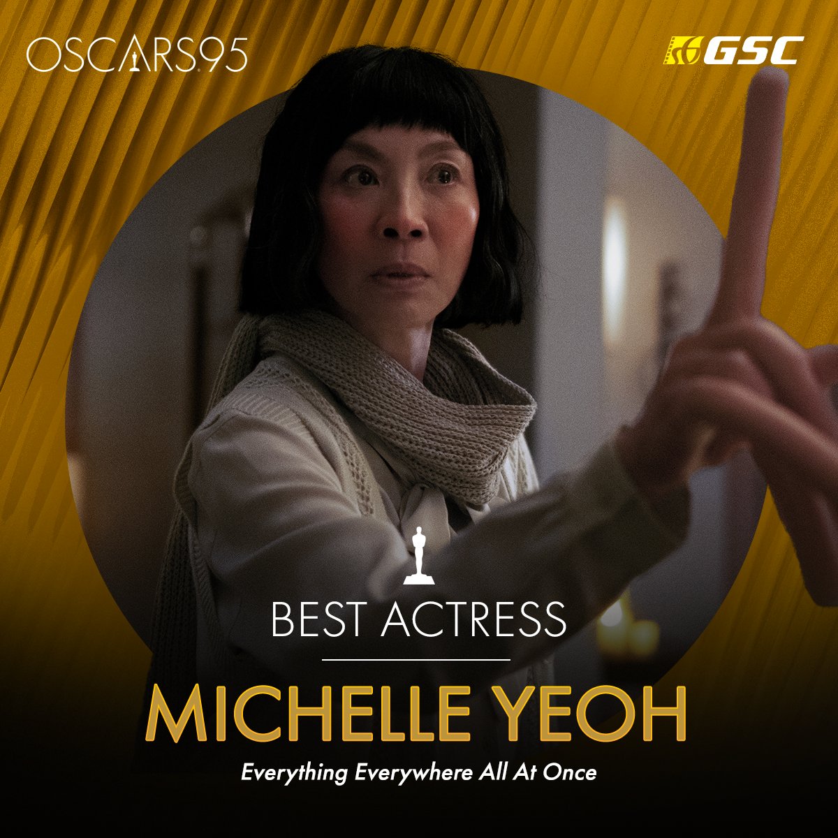 GSCinemas's tweet photo. YASSS It's official! Congratulations Tan Sri Michelle Yeoh for winning the BEST ACTRESS at the #Oscars95, for her performance in #EverythingEverywhereAllAtOnce! 🌀 https://t.co/5LJ7Rk9UAQ