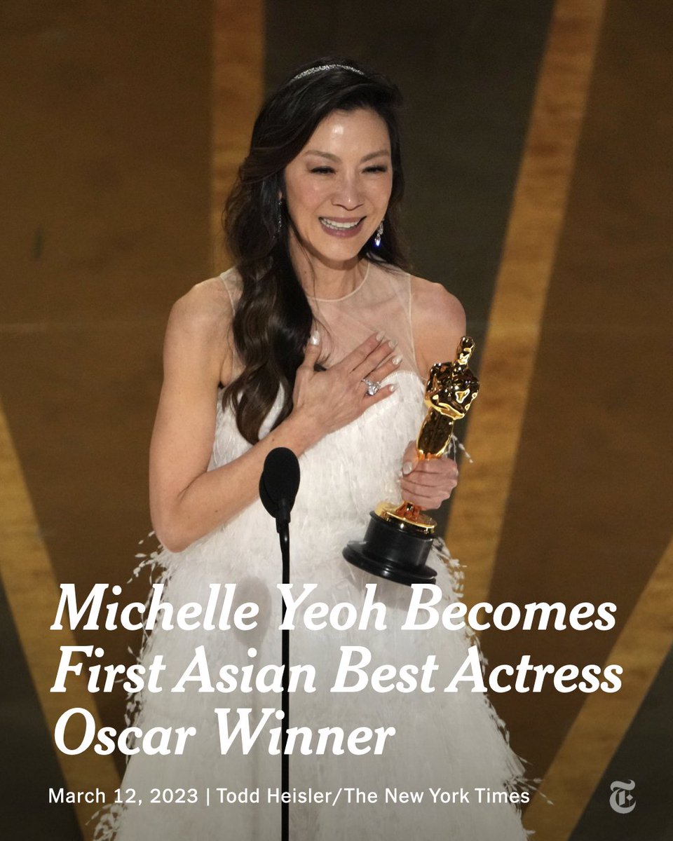 Michelle Yeoh won the best actress for her role in “Everything, Everywhere All at Once.” The victory makes her the first Asian star to win best actress in the 95-year history of the Academy Awards. nyti.ms/3mLf1tN