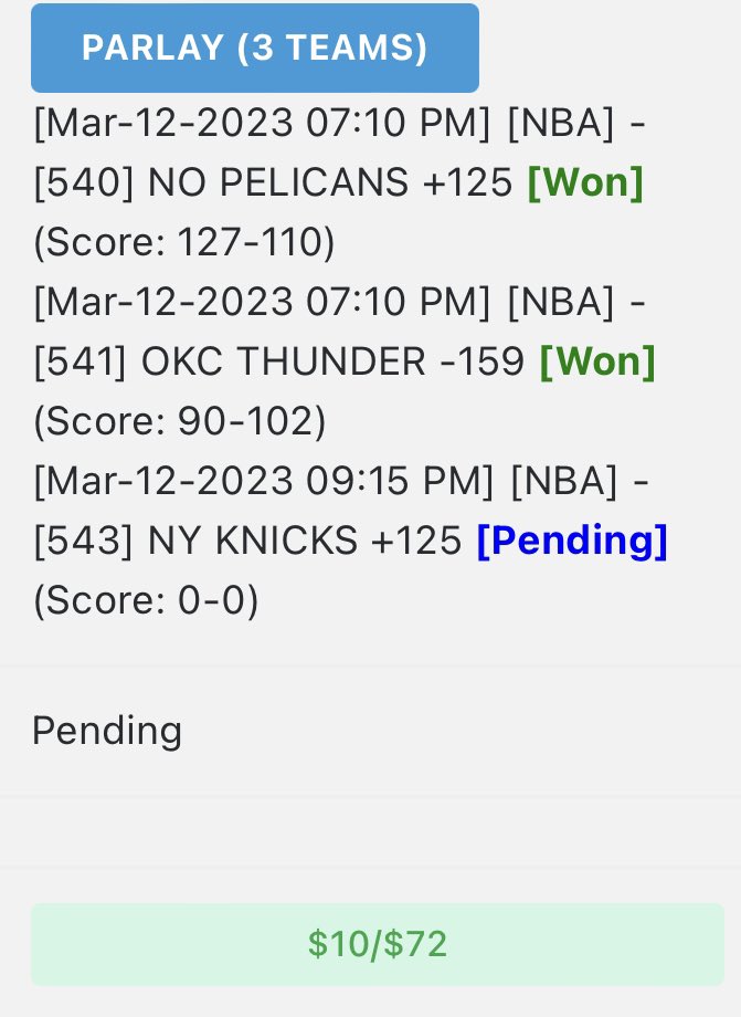goatslays's tweet image. Boooom!! Didn’t post this lay because I wasn’t to confident In it but it cashed!! Let’s dig in!!

Thunder ML✅
Pelicans ML✅
Knicks ML✅

10 to win 72✅
#smartbet #GamblingTwitter #locksonly