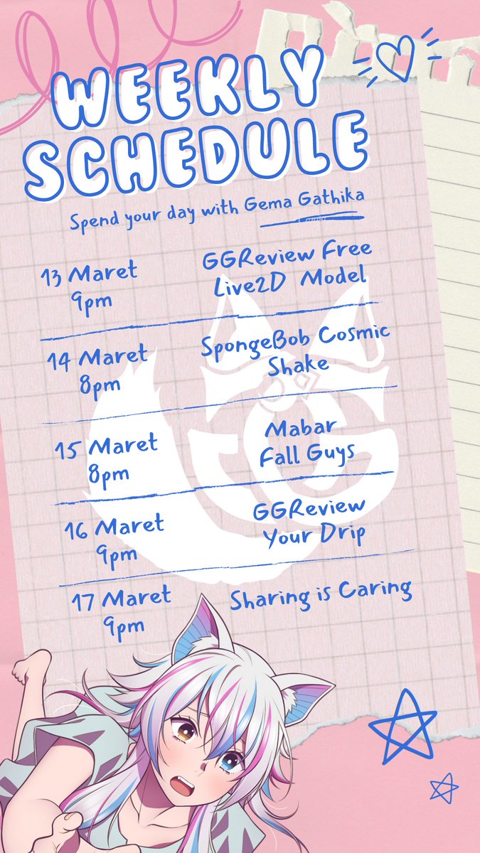 GemaGathika's tweet photo. Gema Schedule Arc is back!!
See you on stream~
~~~~
GG! I'm Gema Gathika
A virtual werewolf, loves to sing 🎤dance💃&amp; meat🥩🍖
🐺🎵
💙GGMS &amp; GGWS💜
General : #GemaGathika
Stream : #GGemalive
Original Song : #GGOG
Cover : #GGCover
Fanart : #GGemart
Meme : #GGememe
Clip : #GGClip https://t.co/4YdU6ZK5zZ