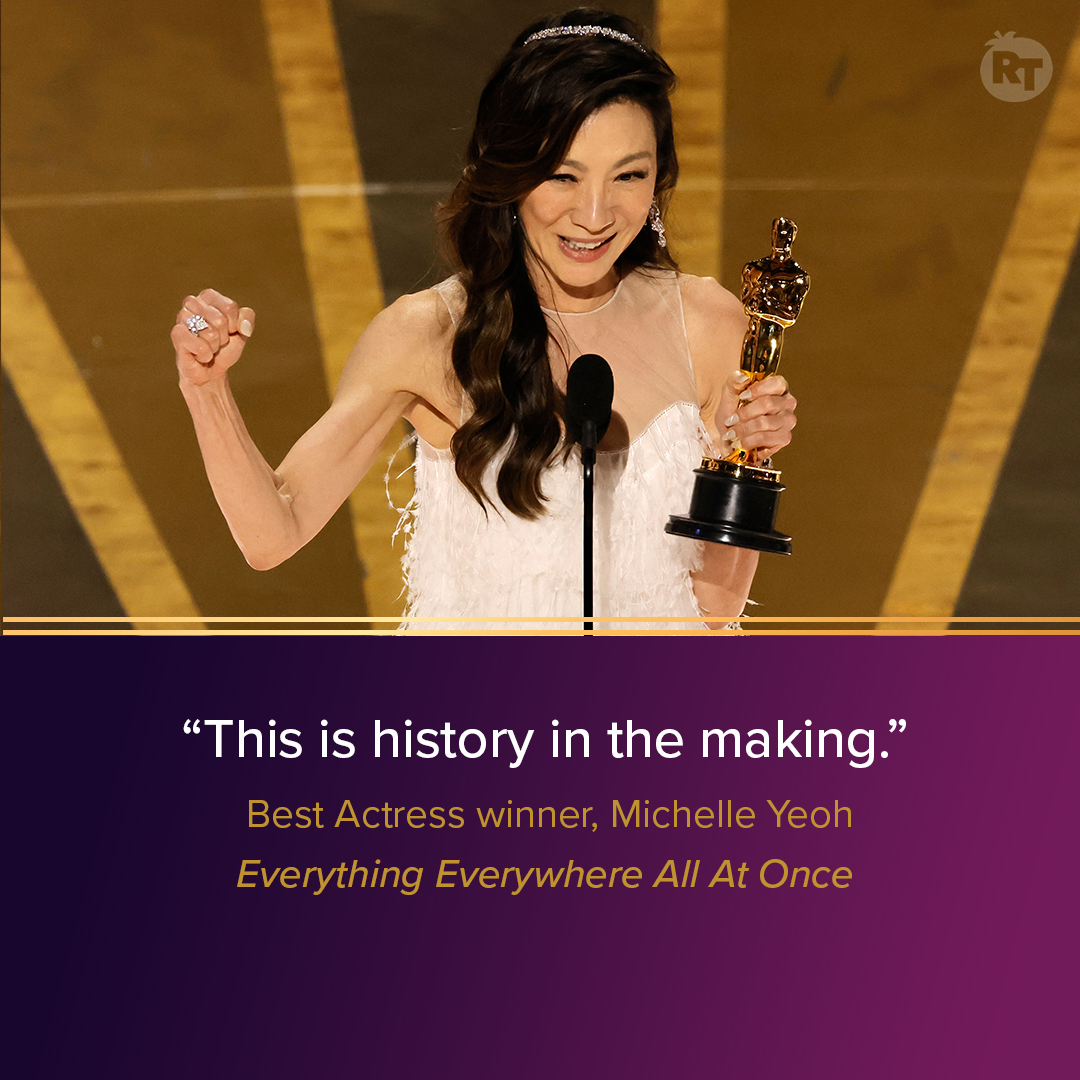 RottenTomatoes's tweet photo. Congratulations to #EverythingEverywhereAllAtOnce star Michelle Yeoh on her historic win!

She is the first Asian woman to win Best Actress at the #Oscars. https://t.co/tqdUOogPGh