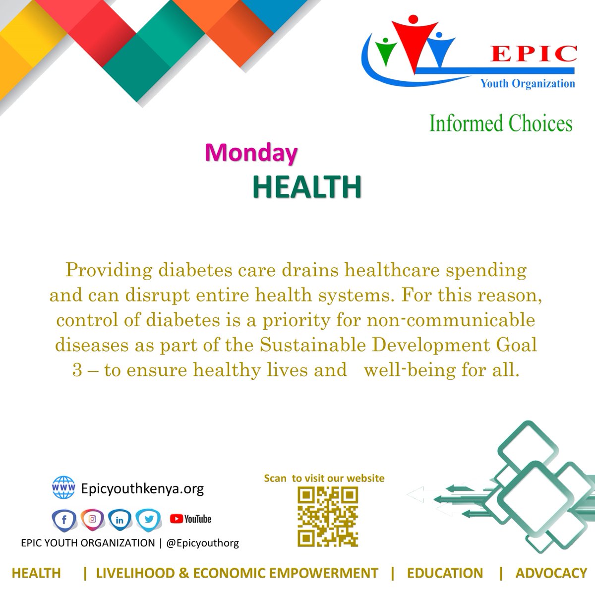 SDG 3 aims to prevent needless suffering from preventable diseases and premature death by focusing on key targets that boost the health of a country's overall population. Therefore, we need to include diabetic patients on the decision making table from planning to implementation.