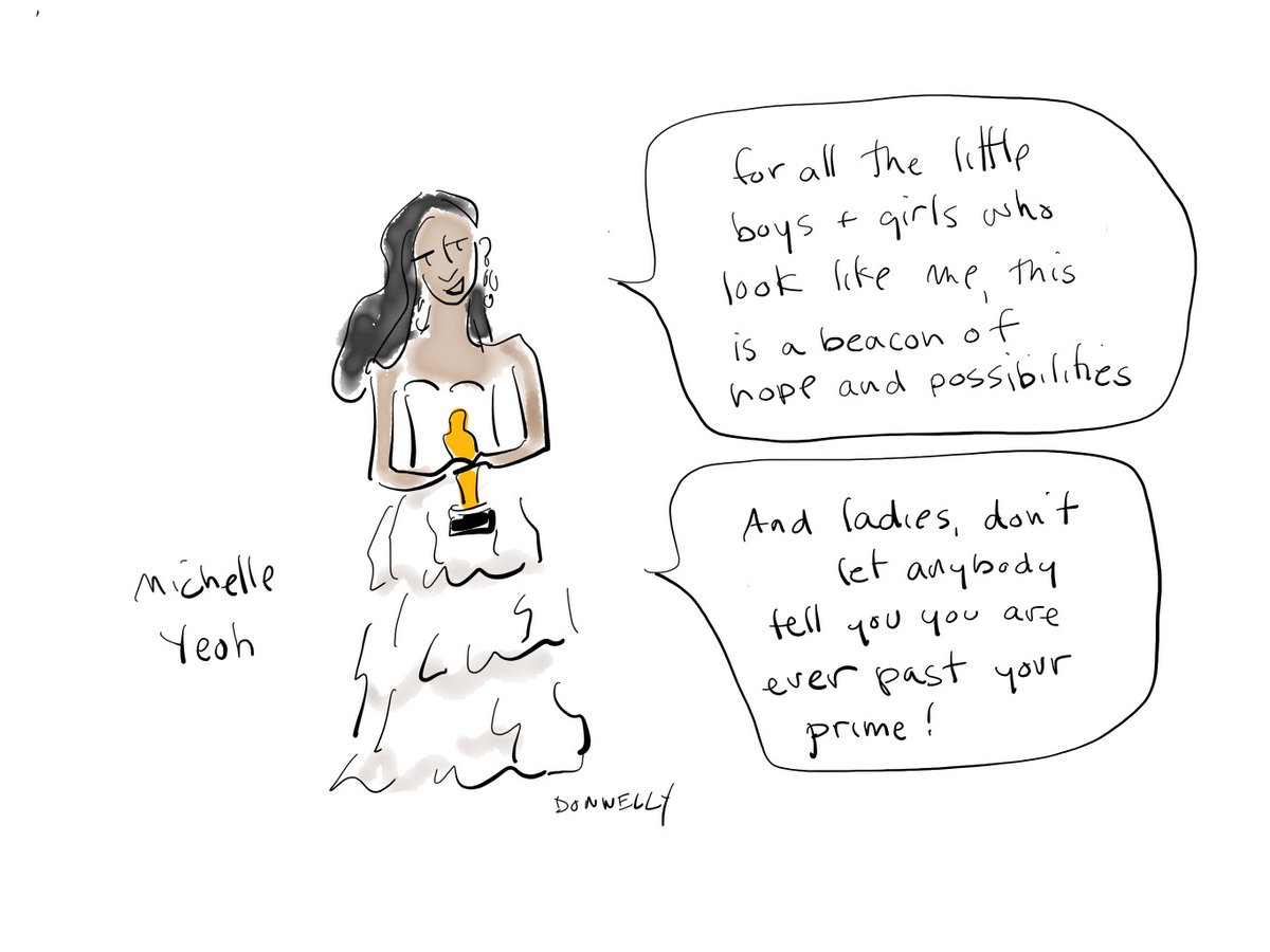 The New Yorker Humor (@newyorkerhumor) on Twitter photo <a href="/lizadonnelly/">Liza Donnelly</a> Michelle Yeoh wins Best Actress: “This is history in the making.” #Oscars <a href="/lizadonnelly/">Liza Donnelly</a> Michelle Yeoh wins Best Actress: “This is history in the making.” #Oscars