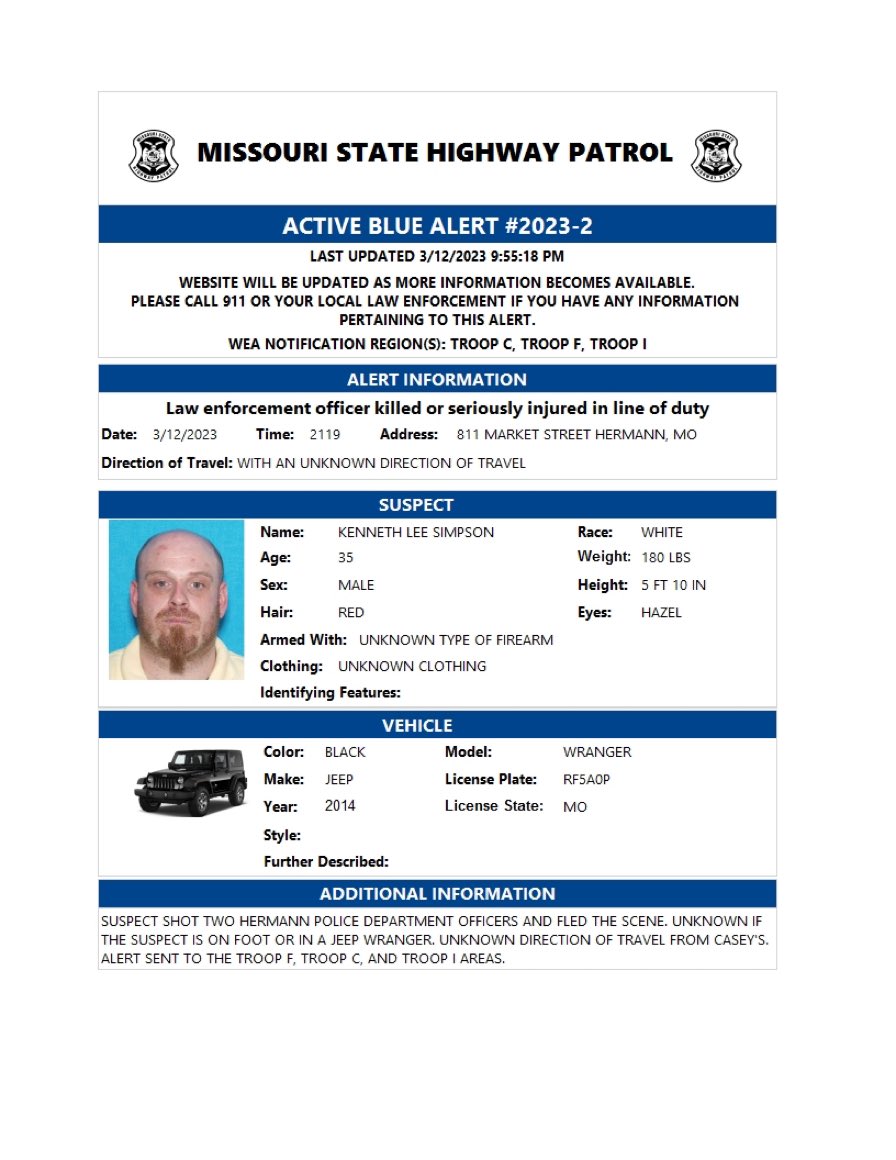At the request of the Hermann PD, Troop F DDCC has been requested to investigate the shooting of two Hermann officers this evening. Troop F will also handle all media inquiries. This is an active investigation and no other information will be released at this time.