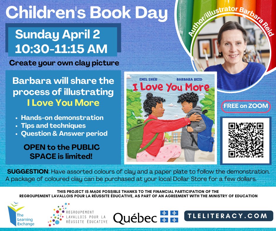 TLEliteracy's tweet photo. #ChildrensBookDay #BarbaraReid #RLPRE #TLELaval #LoveReading #ILoveYouMore FREE event on Zoom for the family! https://t.co/w2nDotIBJK
