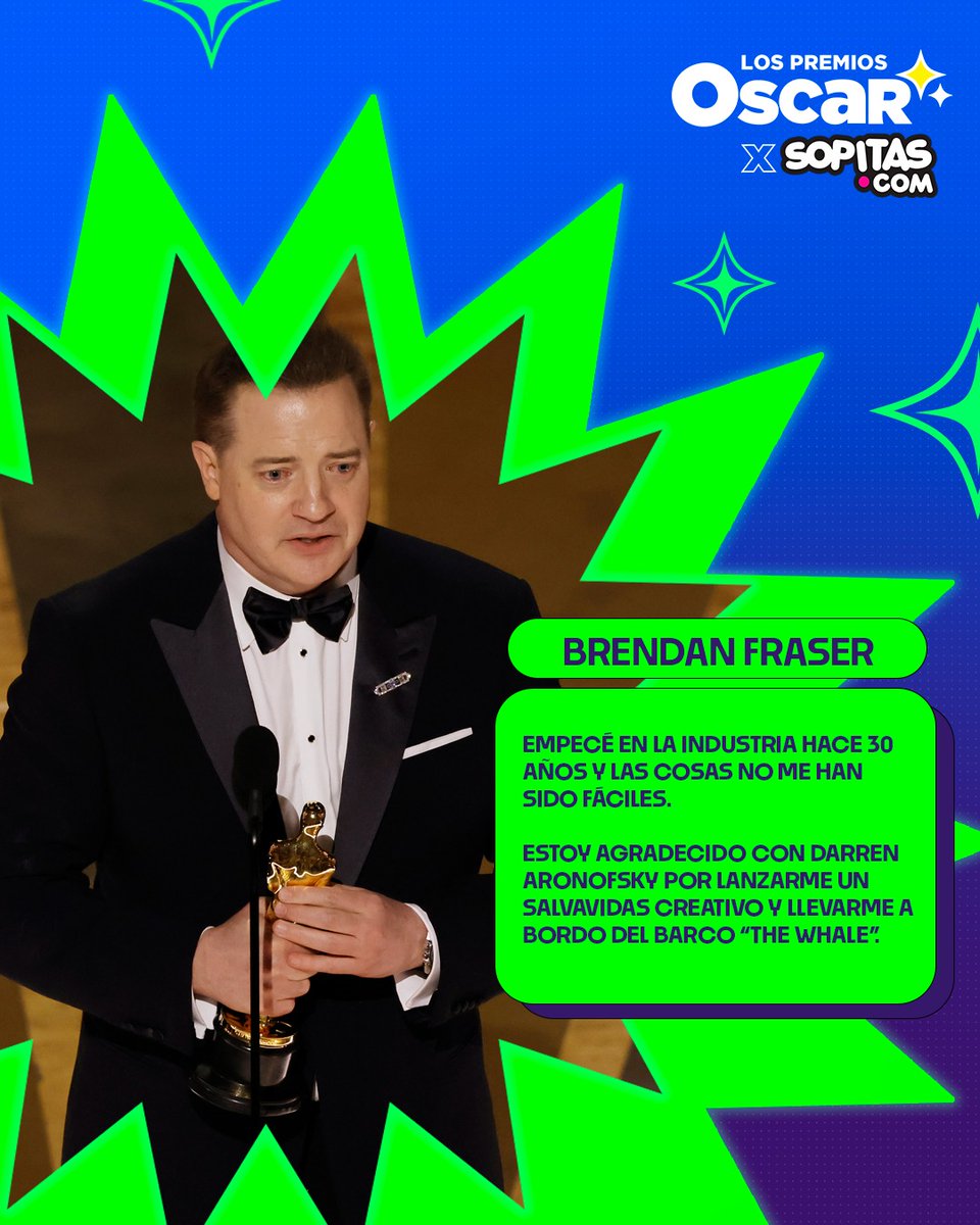 sopitas's tweet photo. 🥲¡Noche de discursos emotivos! 

Brendan Fraser resumió todos los obstáculos que ha superado en los últimos años, y agradeció a Darren Aronofsky, director de "The Whale", por la oportunidad de interpretar a Charlie. 

Échale ojo a la lista final de ganadores. https://t.co/YpFB7ZNjdC #Oscars95 #Oscars