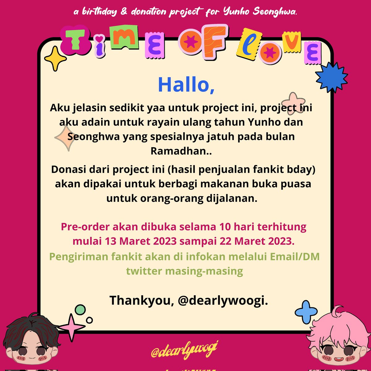RYULWHISPER's tweet photo. Time of Love 💌
Birthday &amp; Donation project for Yunho Seonghwa.
by @dearlywoogi 

PREORDER IS NOW OPEN!
period: Mar 13 – Mar 22 2023

🖇 https://t.co/suZQFPKE4n

limited slot available!
any question? DM💗

ㅡ
#TimeofLove #YUNHO #SEONGHWA https://t.co/7VQ0DW23fY