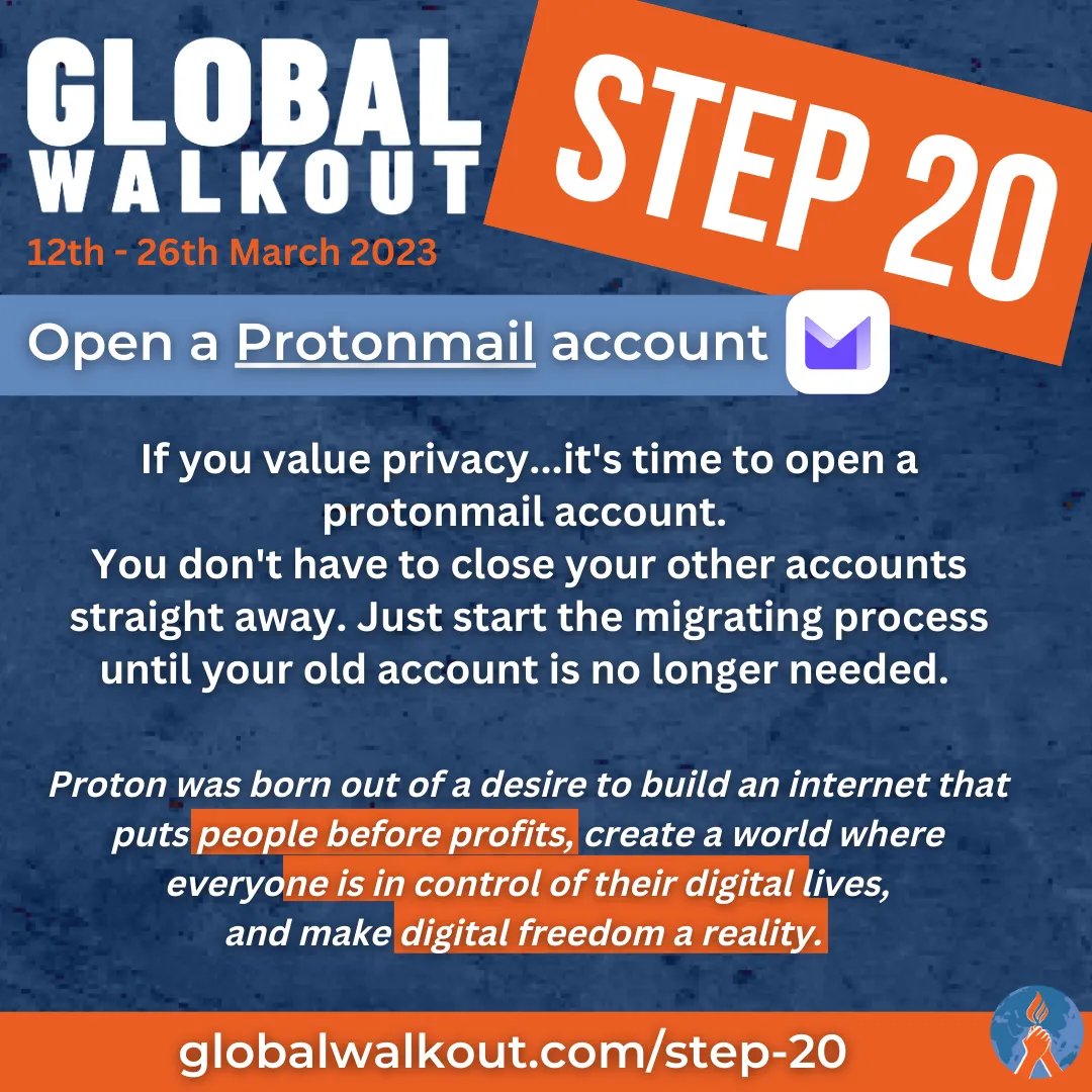 DeanSmi47962704's tweet photo. If you value privacy...it's time to open a protonmail account.

You don't have to close your other accounts straight away. Just start the migrating process until your old account is no longer needed.

Read more about it here - https://t.co/hD6A2u1urj

#GlobalWalkout https://t.co/XyM1HzI3VG