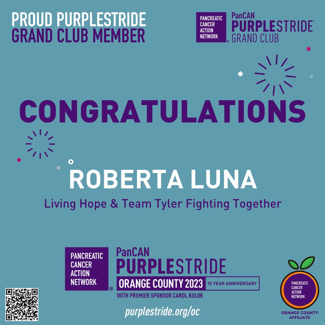 PanCANOC's tweet photo. Congratulations to Roberta Luna on becoming a member of our 2023 @PanCAN #PurpleStride #OrangeCounty #GrandClub!
💰
The PurpleStride Grand Club is a nationwide program recognizing participants who individually raise $1,000 or more for #PurpleStrideOC
💜
#PanCANOC #TurnOCpurple https://t.co/BRXfkfeWDn